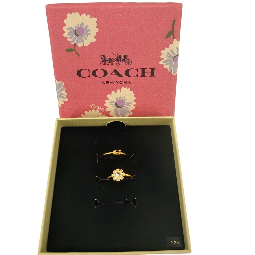 Coach Enamel Daisy Ring Set (2) Gold White Crystal Signature C Size 6 C2758 $98